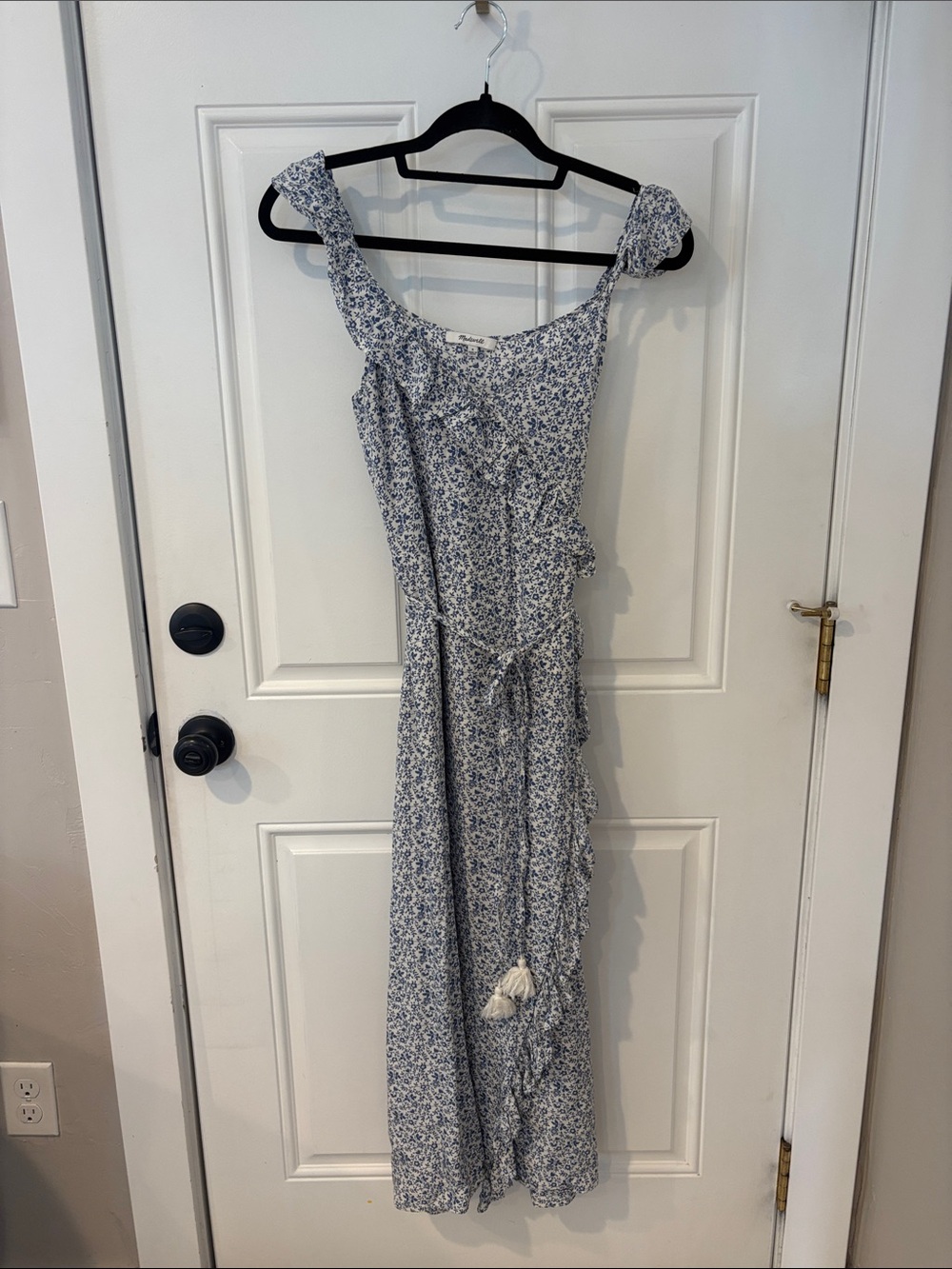 Madewell Blue Floral Ruffle Maxi Dress with Tie Waist